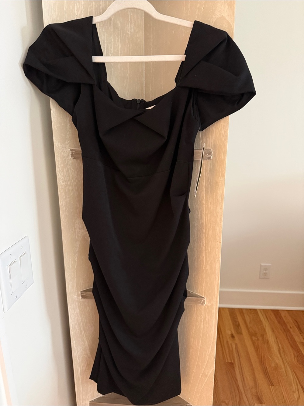 Nicole Miller Black Draped Midi Dress with Sculpted Shoulder Detail